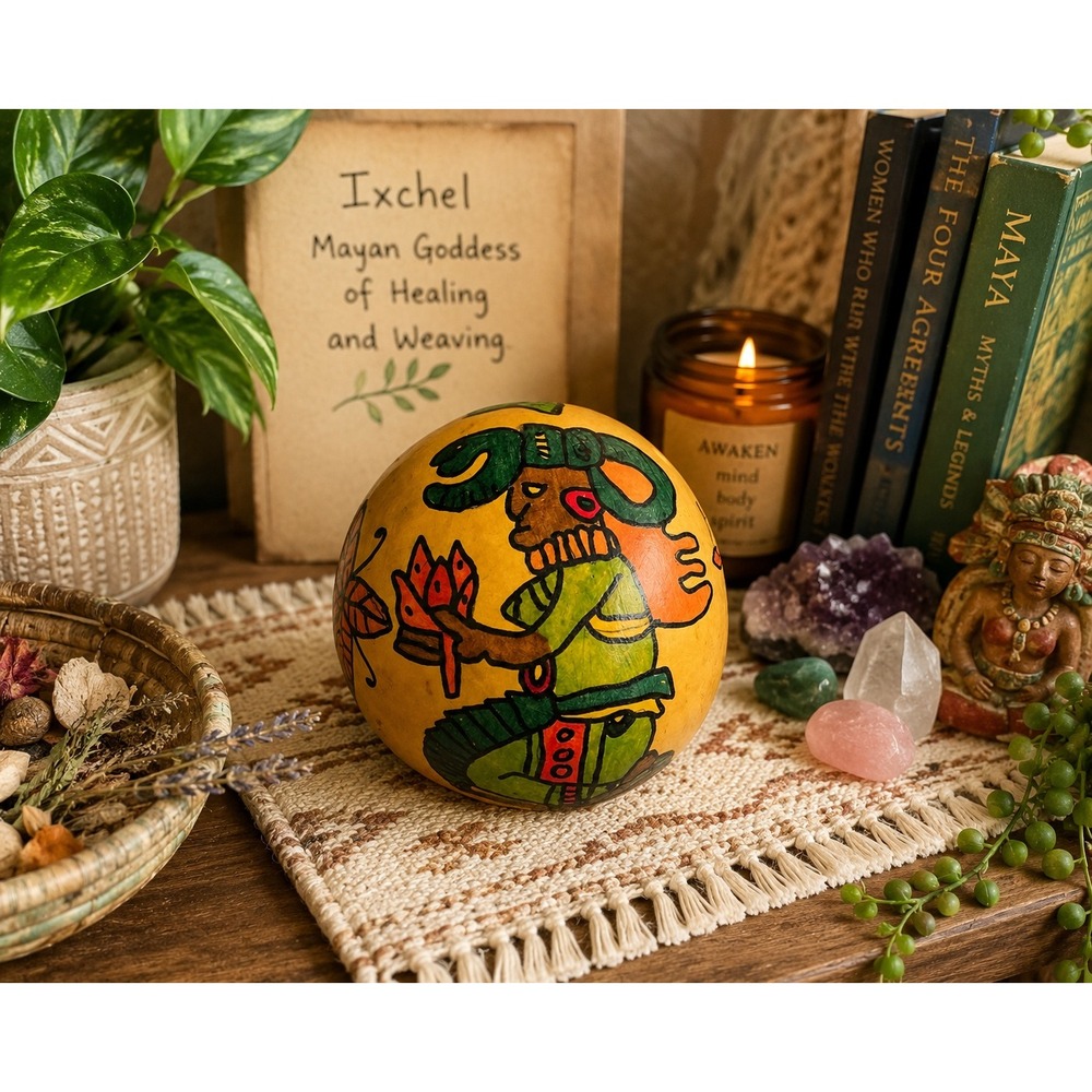 Belize Mayan Hand Painted Calabash Gourd Bowl Ixchel Goddess Folk Art 5.5"